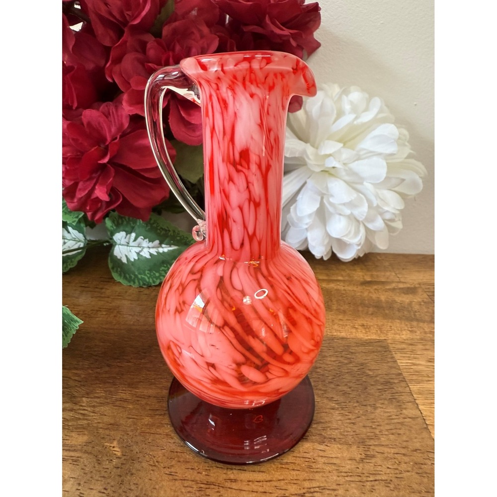 Vintage‎ Orange and White Spatter Art Glass Vase Hand Blown Pedestal Base